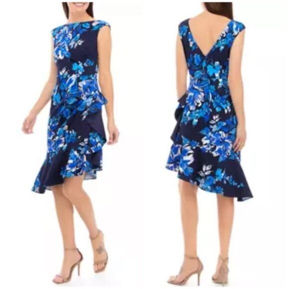 New Eliza J Boat Neck Cascade Ruffle Sheath Dress in Floral Print Size 8 - Picture 1 of 10
